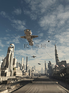 例子背景图片_科幻小说的例子太空飞船交通飞行在未来城市的街道之上, 3d 数字式地被渲染的例证