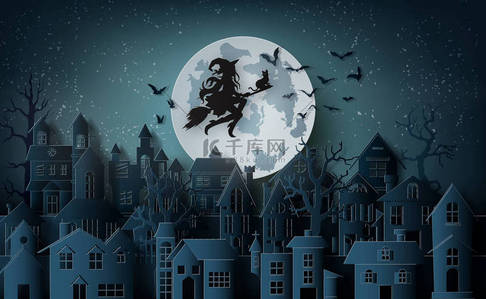 万圣节纸背景图片_《快乐的万圣节》纸艺, 女巫骑着扫帚在废弃的村庄上空飞翔.