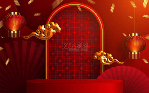 3d中秋节背景图片_3D中秋节、中秋节、红剪纸、扇子、花卉及亚洲元素，背景为工艺风格.