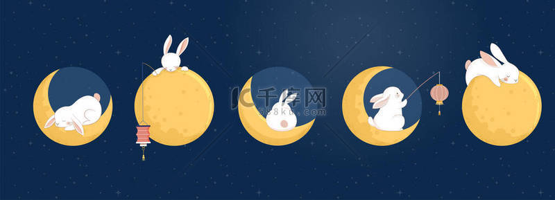 korean背景图片_Mid Autumn Festival Concept Design with Cute Rabbits, Bunnies and Moon Illustrations. Chinese, Korean, Asian Mooncake festival celebration. Vector Illustration