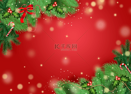 圣诞松树雪花背景图片_圣诞植物蝴蝶结装饰红色背景