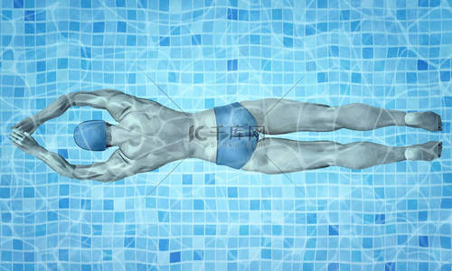男性健康矢量背景图片_健康的生活方式。在游泳池里适合游泳训练。泳池内的职业男性游泳运动员。水面纹理。水池水。开销视图。矢量插图背景.
