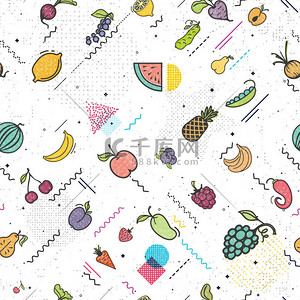 果蔬无缝图案孟菲斯风格, 素食套装, 夏日隔离色矢量图标.