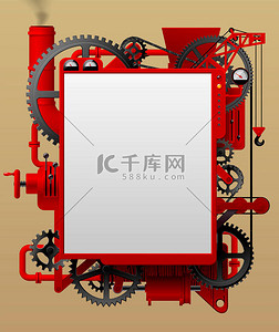 红色复杂铁神奇的机器形状的框架，白色的屏幕在黄色的背景。Steampunk风格模板，海报和技术符号。B.病媒