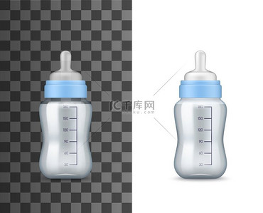 婴儿奶瓶逼真的3模型模板媒介隔离的透明塑料婴儿奶瓶装有牛奶或营养食品乳头和容量测量等级婴儿奶瓶逼真的实物模型
