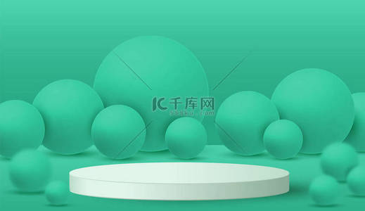 广告模板设计背景图片_绿松石背景图上的浮雕显示设计最小绿色圆球产品场景.产品最小平台3d 。展台广告模板产品颁奖台