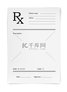 医疗处方 RX 表格、药房和医院纸张、矢量模板。 