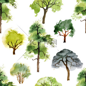 手植物图标背景图片_无缝模式与水彩树木