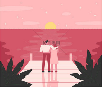 平面设计风格背景图片_日落时分站在海边的浪漫情侣。平面设计风格最小矢量插图.
