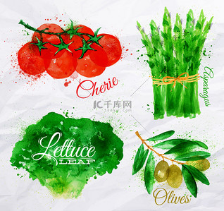 西红柿厨房背景图片_蔬菜水彩生菜、 樱桃西红柿、 芦笋、 橄榄