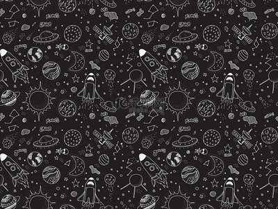 Seamless pattern. Cosmic objects set. Hand drawn vector doodles. Rockets, planets, constellations, ufo, stars, etc. Space theme.