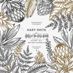 Floral wedding invitation. Vintage flower greeting card. Vector illustration