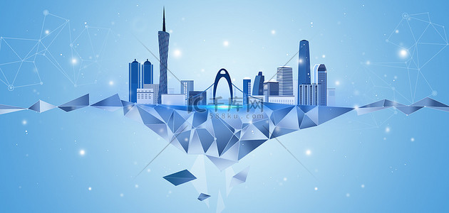 ,城市地标背景图片_广州地标蓝色简约几何