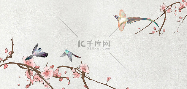 风宣纸背景图片_工笔画花朵工笔鸟宣纸色中国风背景
