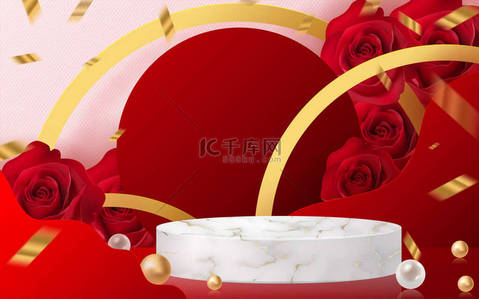 玫瑰化妆品背景背景图片_以红色玫瑰为背景的情人节颁奖台的背景产品。领奖台展示背景为工艺风格的化妆品.