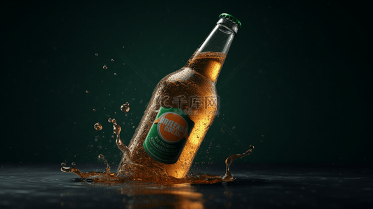 一瓶啤酒被喷洒在水中创意背景
