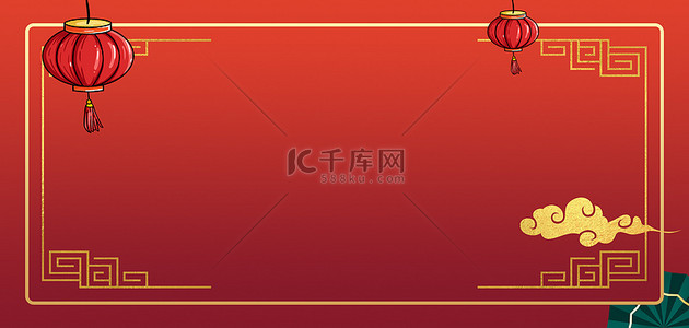 春节灯笼金背景图片_春节新年几何边框红色国潮喜庆banner