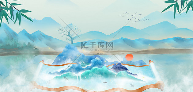 海报山水画背景图片_中国风卷轴复古中式海报背景