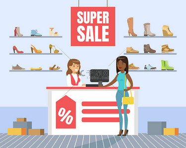 鞋背景图片_妇女选择和购买鞋在商店, 鞋店内部, 女孩购物在商场矢量插图