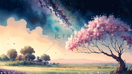山茶花树背景图片_星空下的粉色花树