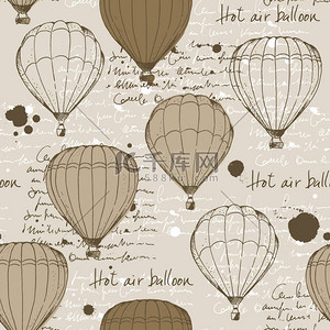 热气球复古图案、老式矢量背景、带有文字和米色背景斑点的手绘气垫