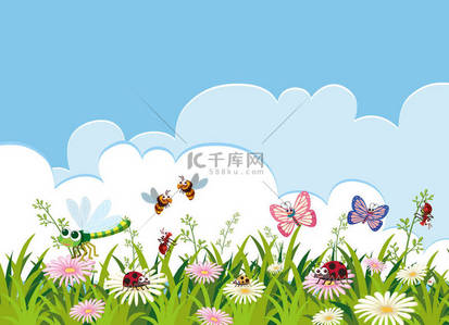 昆虫和美丽的花模板插图