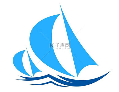 两艘帆船或游艇在海浪中竞速，在运动或旅游设计的航海主题中，以蓝色色调的滚滚风帆