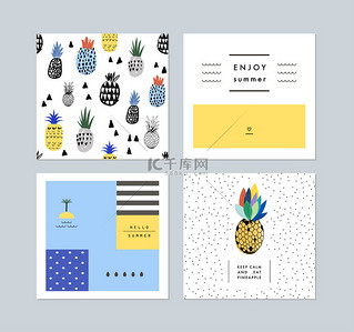 型男icon背景图片_Set of creative trendy art posters about summer plus seamless  pattern with pineapples.