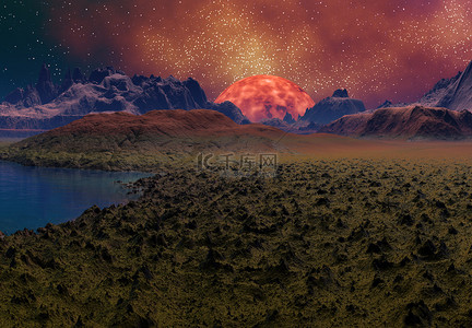 3D在太阳附近渲染的幻想异形行星- 3D说明