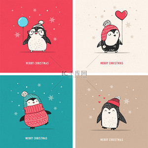 可爱的卡片背景图片_可爱的手绘企鹅-圣诞快乐