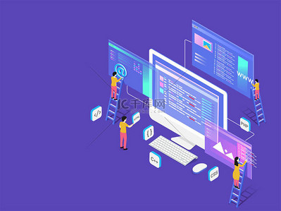 php开发背景图片_小型 web 开发人员维护团队合作或 web 开发概念的网站等距设计.