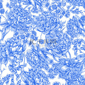 无缝复古花纹背景图片_无缝的蓝色花纹与复古风格的牡丹
