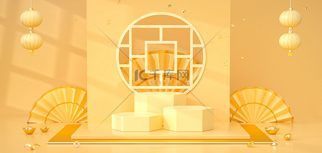 促销灯笼背景图片_新年年货节灯笼展台黄色C4D3D立体背景