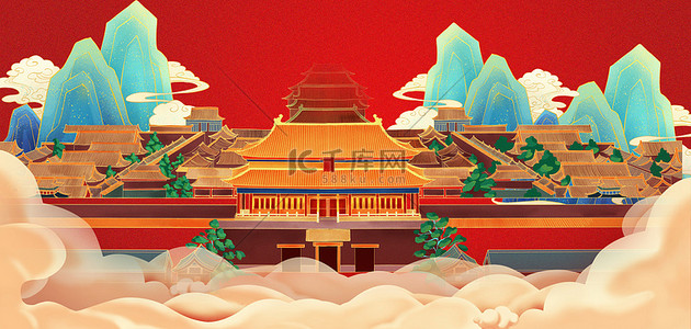 中式文化背景图片_古风中式各种形象红色卡通
