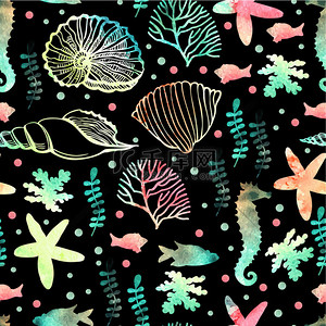 海星贝壳背景图背景图片_无缝与水彩的海洋图案