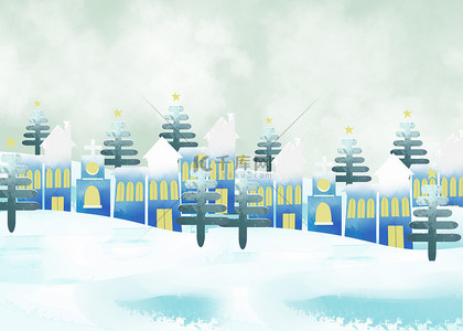 水彩圣诞树背景图片_冬季圣诞节水彩小镇
