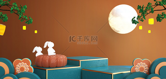 中国风背景月亮背景图片_中秋节月饼兔子