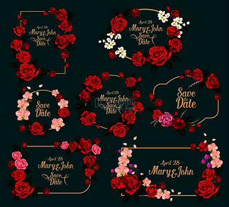 婚礼卡片花框用于邀请保存日期和贺卡红色和粉色玫瑰兰花茉莉花和三叶草绿叶和树枝的花束用于婚礼庆祝设计玫瑰框结婚邀请花卡