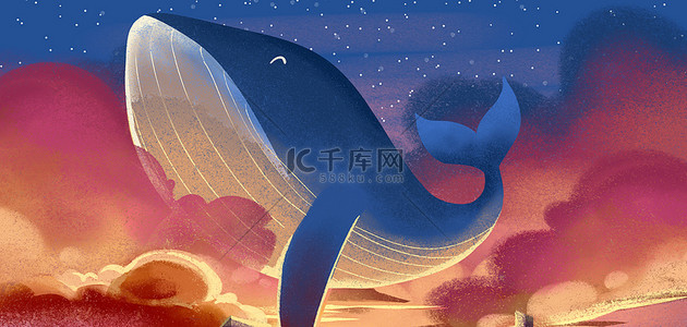 风治愈系背景图片_夏天 鲸鱼红色手绘风夏日海报