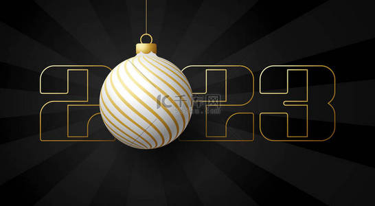 祝您新年快乐。皇家黑色背景上印有白色和金色圣诞树球的豪华贺卡。B.病媒