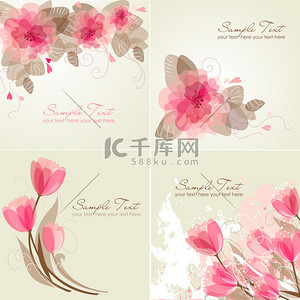 4 浪漫的花背景的粉色和白色的颜色一套.