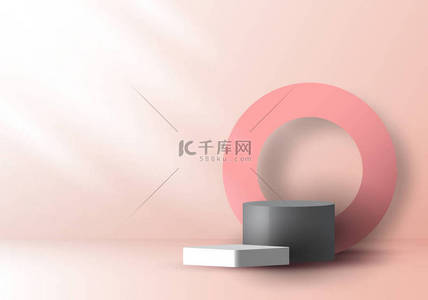 3D realistic pink and gray color geometric round shape stacked podium and circle backdrop with side lighting mockup minimal scene background for cosmetic product, showcase, etc. Vector illustration