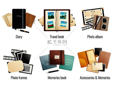 六幅孤立的回忆作品书籍日记相册旅行书籍相框卡通矢量插图回忆书籍和日记作文