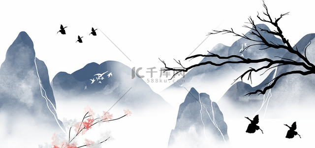 冬季风景手绘插画背景图片_山峰与古树山水水墨背景