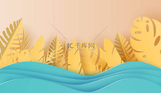 夏季背景图片_3D绘画造纸艺术夏季热带叶棕榈 