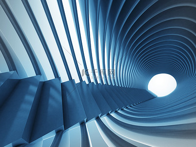 与未来派建筑周围的蓝色隧道楼梯