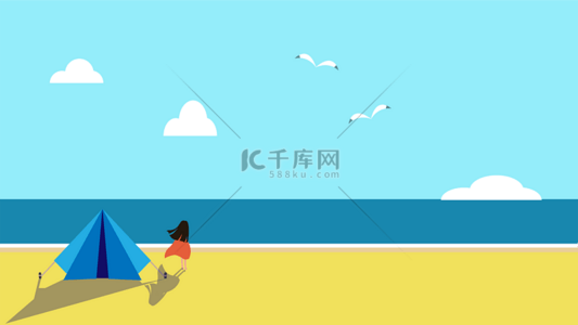 风筝插画背景图片_女孩背影帐篷海鸥海边海滩明亮电脑壁纸