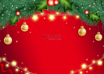 飘带喜庆红色背景背景图片_圣诞节灯串金色红色背景