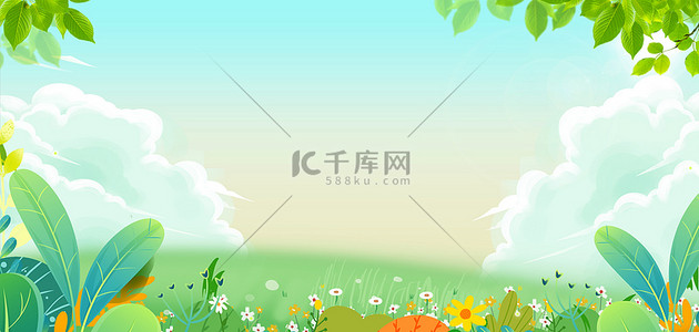春季背景图片_春天手绘花草绿色清新春天海报背景