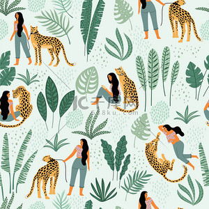 张嘴的豹子背景图片_与妇女, 豹子和热带叶子的载体无缝图案.